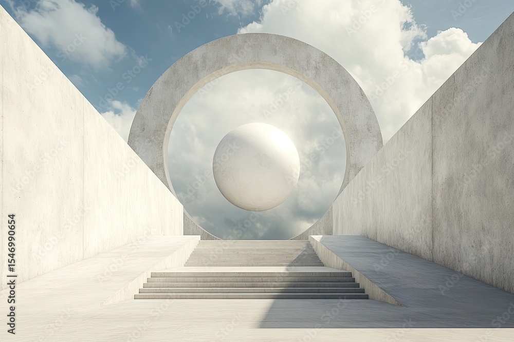 Poster minimalist concrete structure with a large sphere, set against a cloudy sky. steps lead towards a ci