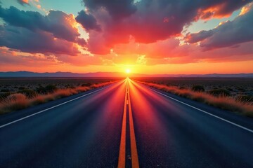 Endless highway stretching towards a vibrant sunset, creating a sense of freedom and adventure on an open road journey , horizon line, exploration, nature