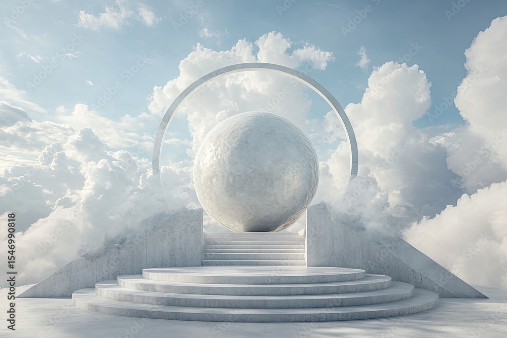 Poster abstract ethereal scene with a large sphere on a tiered platform amidst clouds, under a circular arc