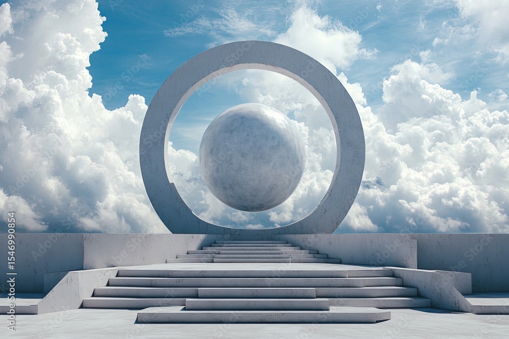 Poster a large stone sphere floats within a circular frame, situated atop a staircase against a backdrop of