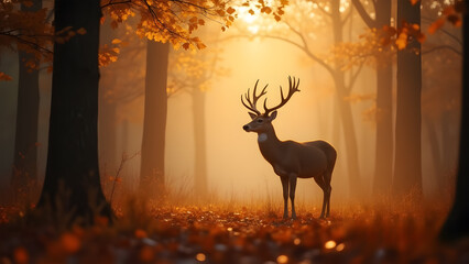 Fototapeta premium Majestic Stag in Misty Golden Autumn Forest