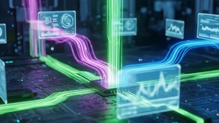 Futuristic data processing with glowing streams converging on a central chip, displaying real-time analytics - Powered by Adobe