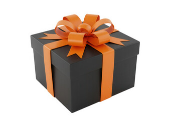 Obraz premium Black gift box with orange ribbon isolated on transparent background