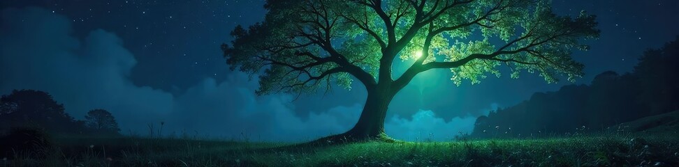 Mystical glowing tree at night, ethereal light illuminates leaves and branches, creating a magical forest scene Perfect for fantasy, fairytale, and nature themes , otherworldly, darkness