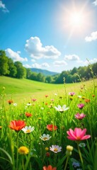 Obraz premium Sun-drenched meadow in summer, wildflowers blooming vibrantly, lush green grass swaying gently in the breeze Perfect for nature, summer, and idyllic themes , rural, colorful, serene