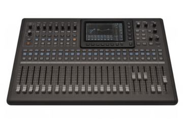 Digital audio mixer with faders and knobs, isolated on transparent background, ideal for music production and live sound engineering