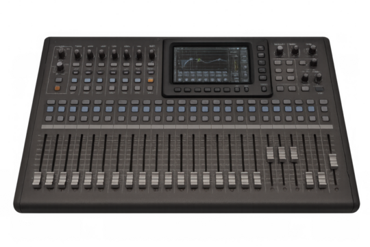 Digital audio mixer with faders and knobs, isolated on transparent background, ideal for music production and live sound engineering