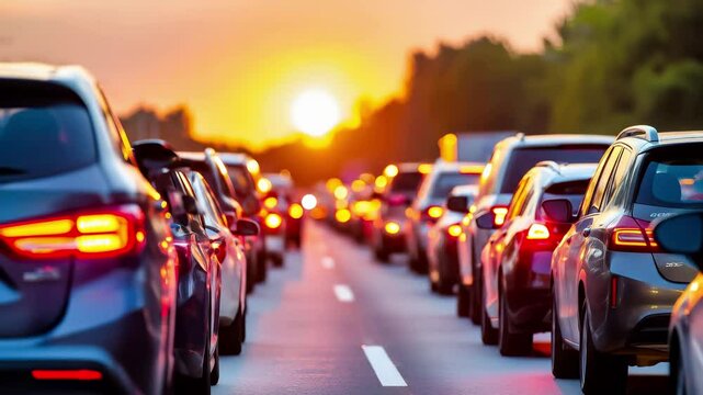 Heavy traffic jam during sunset rush hour with cars lined up on highway. Golden evening light illuminates congested road with multiple vehicles, taillights glowing. Urban transportation, commute