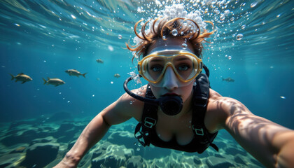 Naklejka premium Diving into vibrant underwater world, woman with snorkel and mask explores clear blue ocean, surrounded by fish and bubbles, showcasing beauty of marine life
