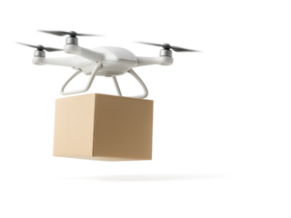 Drone delivering cardboard box in mid-air Isolyate with on transparent background