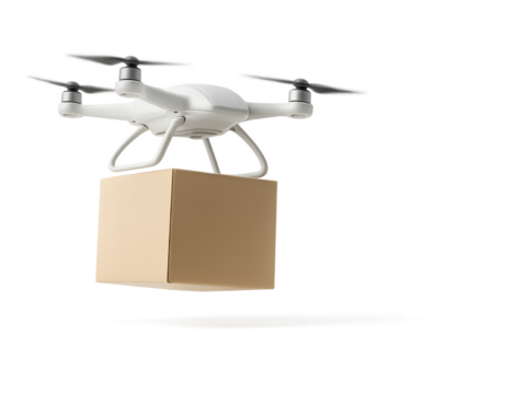 Drone delivering cardboard box in mid-air Isolyate with on transparent background