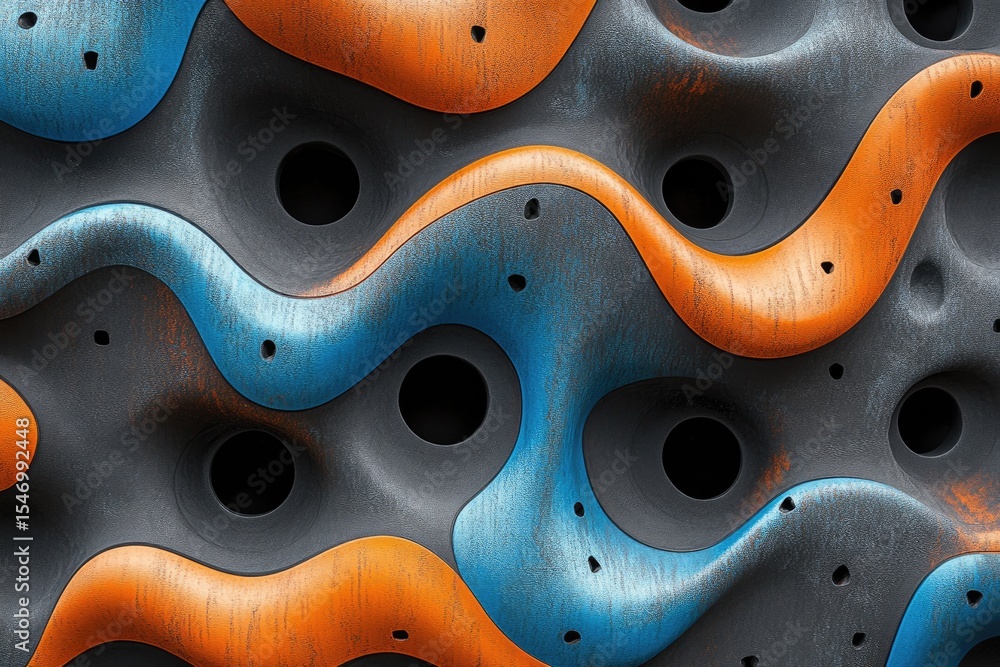 Poster abstract textured surface with undulating, painted forms and circular holes