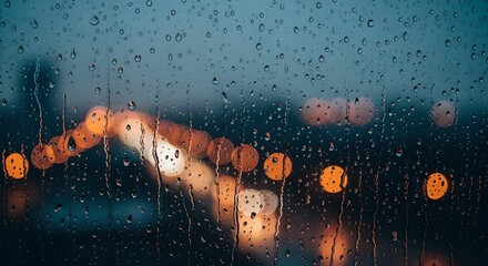 雨に濡れる窓越しにぼやける街の光