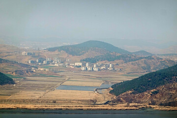 View of North Korean Propaganda Village from Jogang Observatory, in South Korea