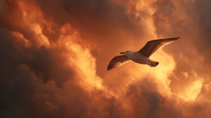Fototapeta premium Seagull in flight against dramatic sky representing freedom and adventure