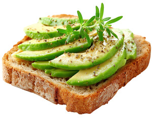 Creamy avocado slices on whole grain toast, garnished with fresh herbs and sprinkle of black pepper, create delicious and healthy snack. This vibrant dish is perfect for breakfast or light meal