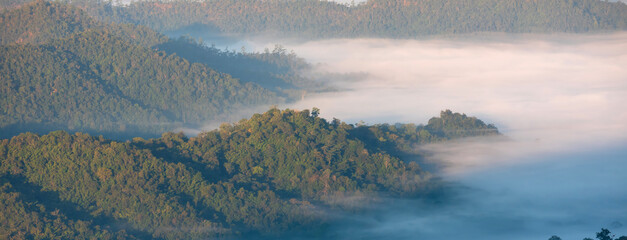 Banner Beautiful Mountain landscape foggy mountain green landscape morning sunrise. Amazing...