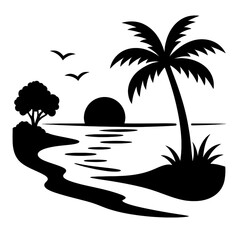 beach with palm trees  line art silhouette victor style 