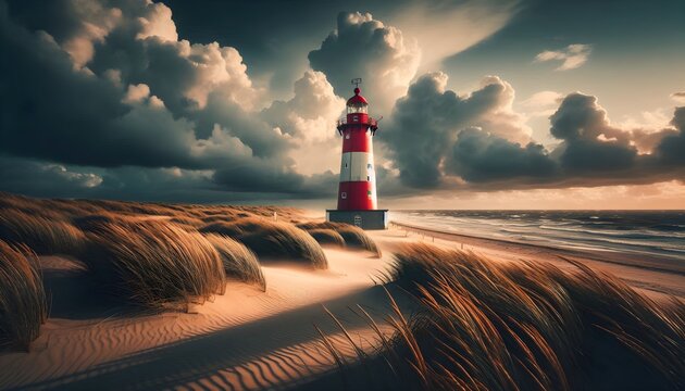 List Ost lighthouse in red and white stripes overlooks ocean horizon as grass sways gently under a cloud-filled sky