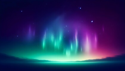 Dreamy northern lights illuminate night sky above glowing horizon with scattered stars and open area for text