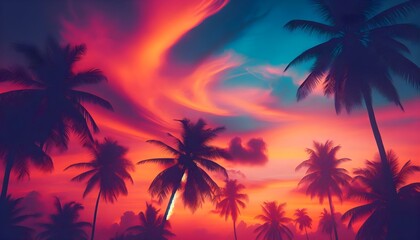 Tropical palm tree silhouette stands against vivid sunset sky with swirling pastel clouds in a dreamy atmosphere