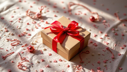 Beautifully wrapped gift box with red ribbon sits on textured surface scattered with pink confetti and decorative elements, creating festive and joyful atmosphere