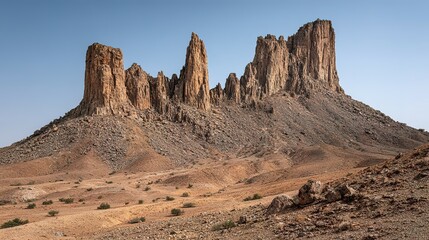Fototapeta premium Dramatic rock formations rise above a desert landscape.