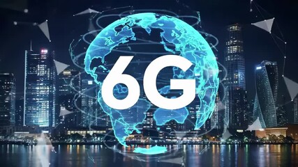 6g wireless network technology concept with holographic earth globe and digital connections over modern cityscape. Next generation telecommunications infrastructure, global connectivity and smart city - Powered by Adobe
