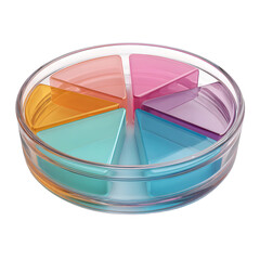 Fototapeta premium Colorful segmented pie chart in glass container showing data analysis or market share, transparent background