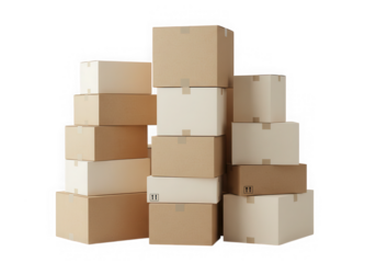 Stack of cardboard boxes packaging isolated on transparent background