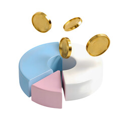 Gold coins falling onto a pastel pie chart financial growth, transparent background