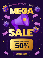 3d mega sale banner template with gift voucher, coupon code, percentage off, isolated on background with gift boxes flying around megaphone. Mega discount event banner template in 3d vector. Vector