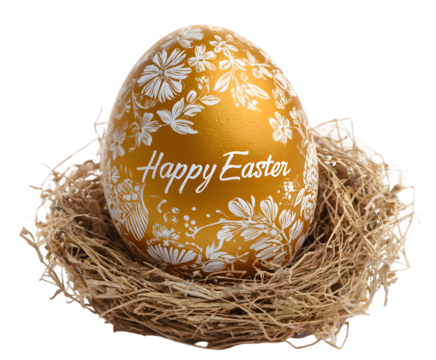 Golden Easter Egg Nest Floral Design Festive Spring Holiday Decoration, transparent background
