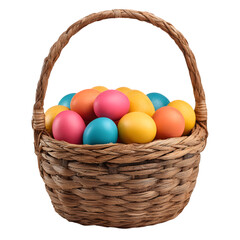 Colorful Easter eggs in a wicker basket against a transparent background