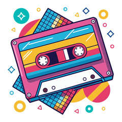 A vibrant, retro-themed illustration of a cassette tape surrounded by abstract geometric shapes and colors.