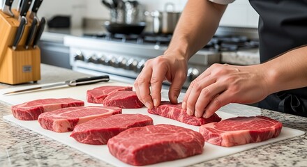 Raw Red Beef Steaks Arranged by Chef on Cutting Board in Kitchen