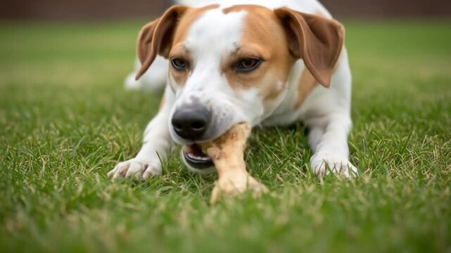 Jack Russell Terrier Puppy Chewing a Bone on Green Grass Video