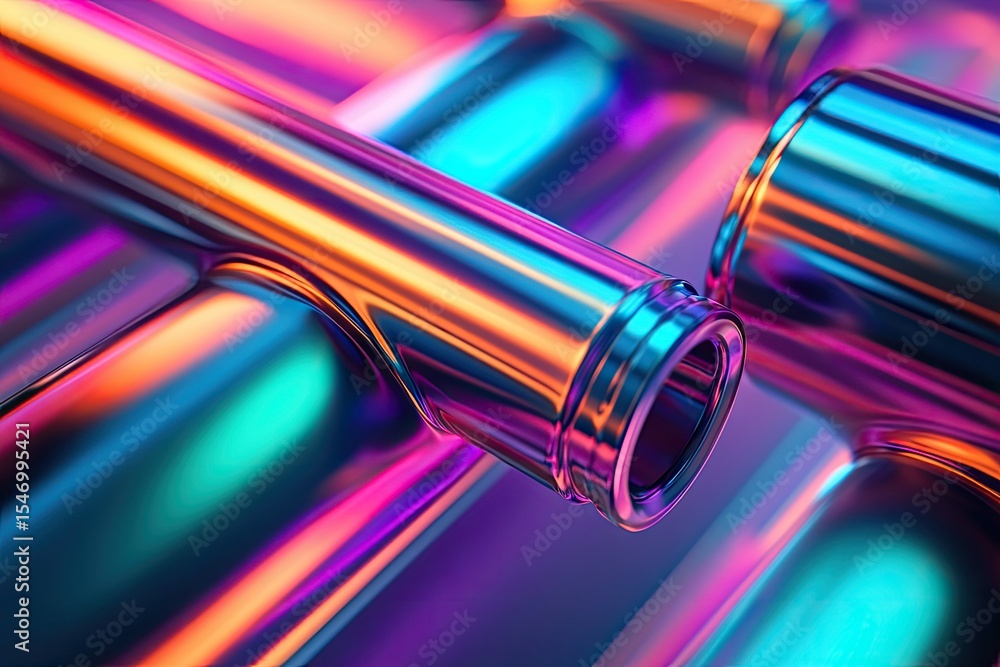 Poster vibrant, iridescent metallic cylinders overlap, creating an abstract composition with reflective sur