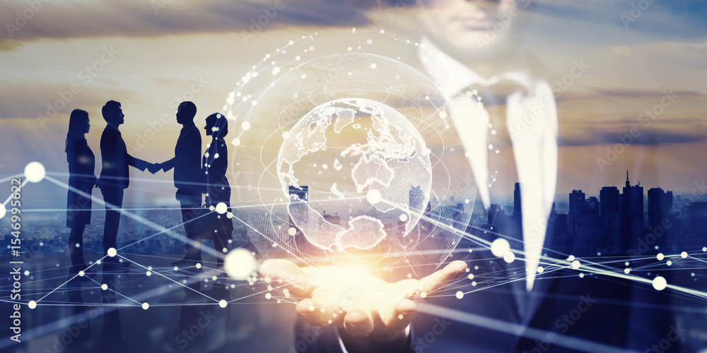 Poster collage of a group of business people shaking hands and global network. wide angle visual for banner