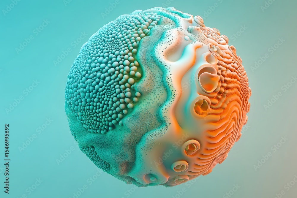 Poster abstract sphere with teal and orange textured surfaces, featuring bumpy and wavy patterns