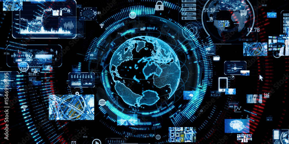 Aufkleber global network and digital technology collage. wide angle visual for banners or advertisements.
