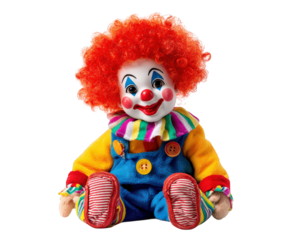 Cute clown doll with vibrant colors, red curly hair, and cheerful expression, perfect for Halloween decorations or playful settings. This adorable doll brings joy and whimsy to any space