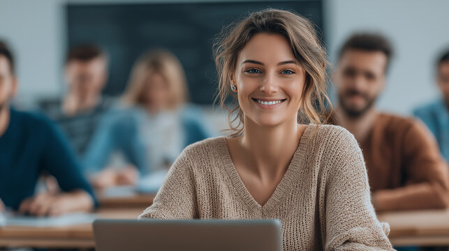 Young smiling female student in university classroom setting surrounded by diverse classmates listening attentively during an educational session focused on active learning
