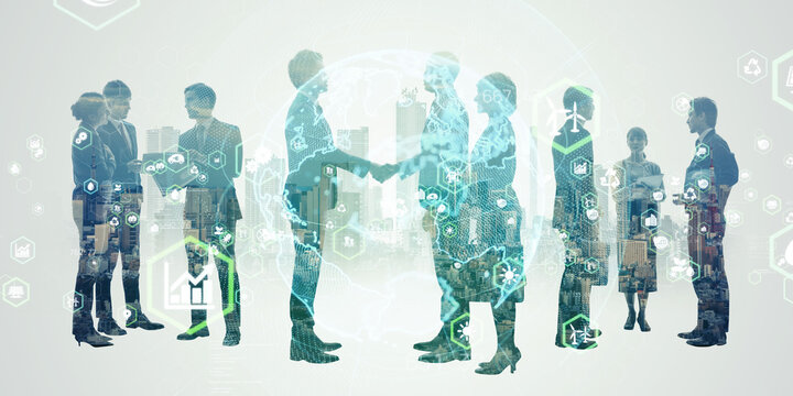 Collage of multinational business people group and environmental technology. Wide angle visual for banners or advertisements.