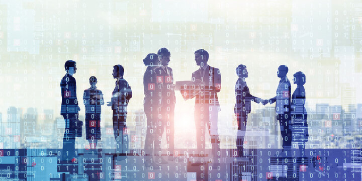 多国籍ビジネスパーソンのグループとデジタルテクノロジーのコラージュ　バナー・広告向け横長ビジュアル