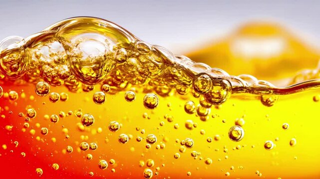 Golden oil liquid wave with bubbles flowing motion abstract texture. Viscous petroleum lubricant automotive industrial fuel energy machinery fluid hydraulic lubrication amber transparent.