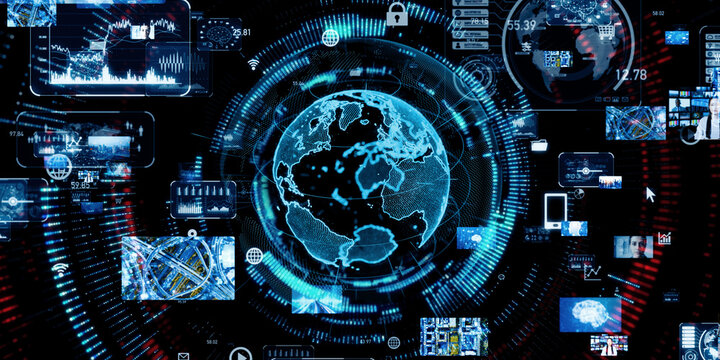 Global network and digital technology collage. Wide angle visual for banners or advertisements.