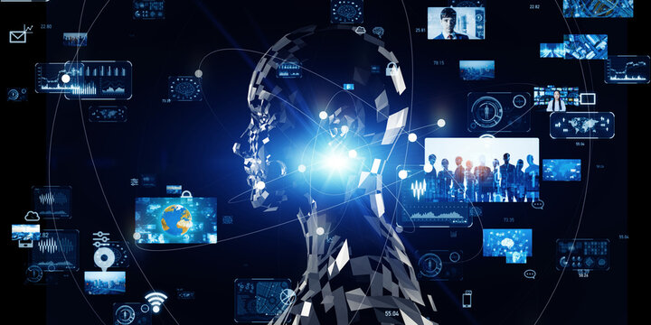 AI(Artificial Intelligence) and Video Technology Collage. Wide angle visual for banners or advertisements.