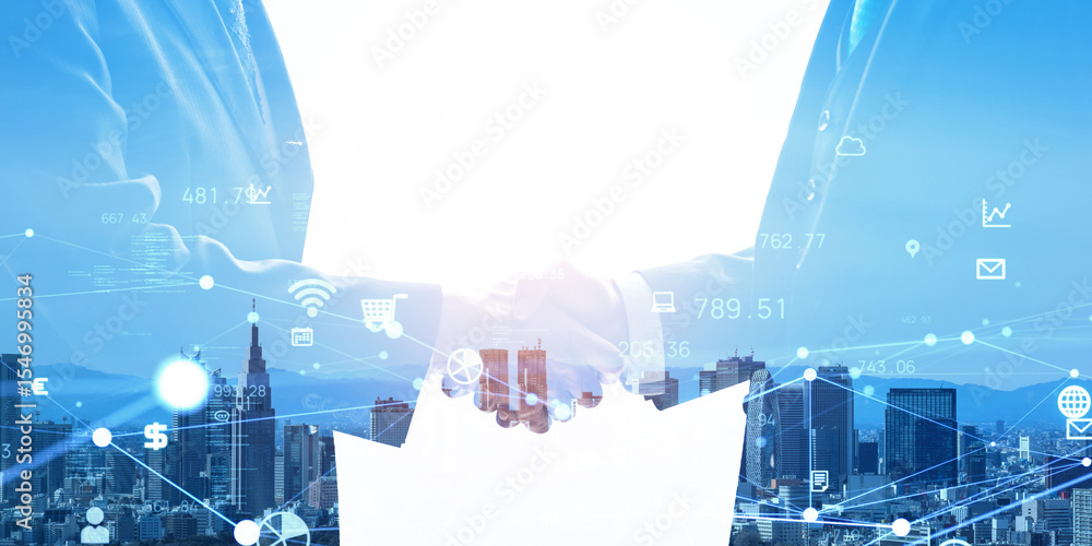 Aufkleber group of business people shaking hands and digital network concept. wide angle visual for banners or
