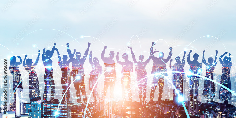 Aufkleber group of multinational business people and digital network concept. wide angle visual for banners or